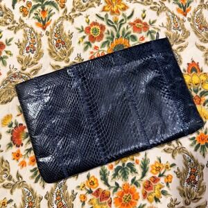 Clemente Vintage Black / Navy‎ Snakeskin Leather Zip Top Envelope Clutch Bag